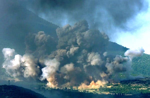 American bombing of Serbian positions in Kosovo in 1999 during the air campaign by NATO.
