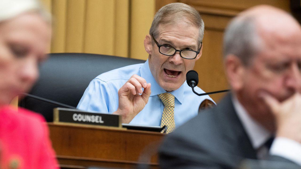 Rep. Jim Jordan, Republican of Ohio and chairman of the House Judiciary Committee, speaks during a hearing with FBI Director Christopher Wray.