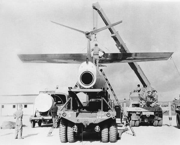 A TM-61C Matador being assembled at Osan Air Base, Pyeongtaek, South Korea, in 1958. Matadors could be armed with nuclear warheads.