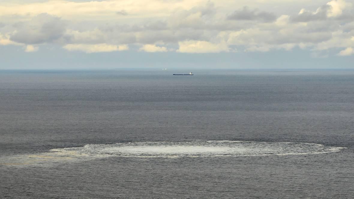 In this photo provided by the Armed Forces of Denmark, a view the disturbance in the water above the gas leak, in the Baltic Sea, Sept. 29, 2022.