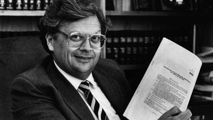 Prime Minister David Lange in his office with the nuclear free legislative bill in 1985.