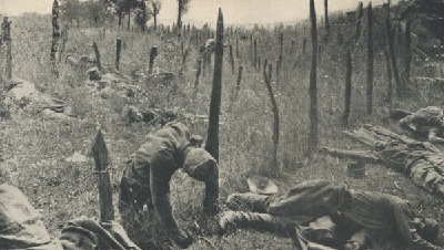 September 24, 1916 - Brusilov Offensive Ends
Pictured - Dead Russian soldiers hang on barbed wire after a failed attack.
Advancing in the aftermath of a gas attack in late September, Imperial Russian soldiers were surprised to hear through their...
