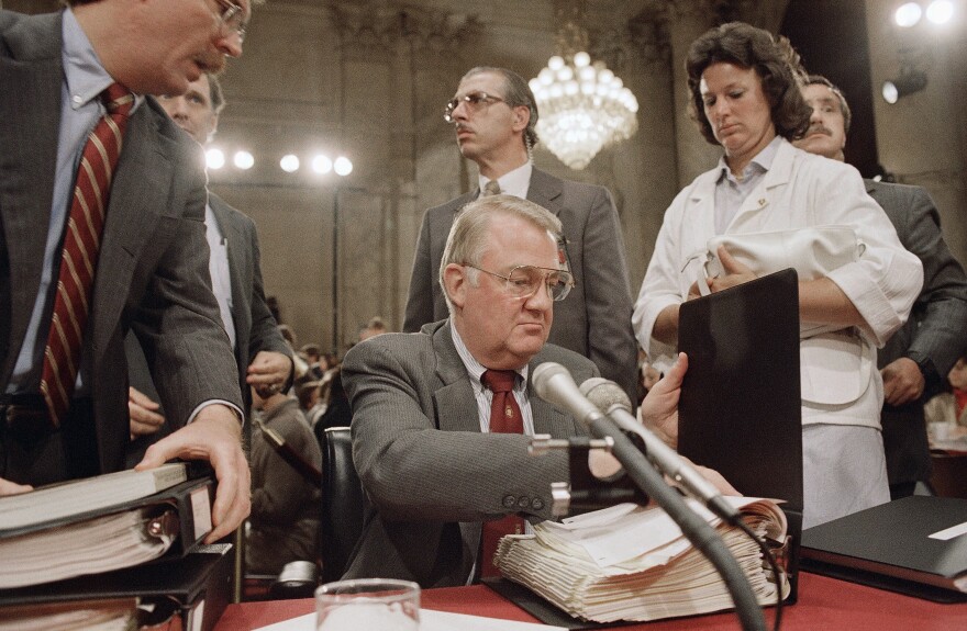 Then-Attorney General Edwin Meese III appears before the congressional committee investigating the Iran-Contra scandal in 1987.
