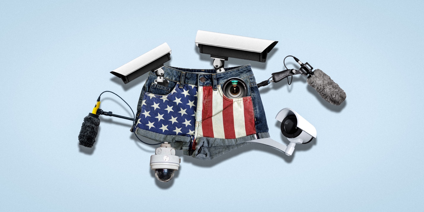 A short pant with a flag and a video camera

Description automatically generated