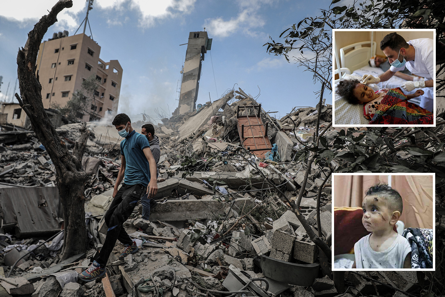 A group of people in a destroyed area
Description automatically generated