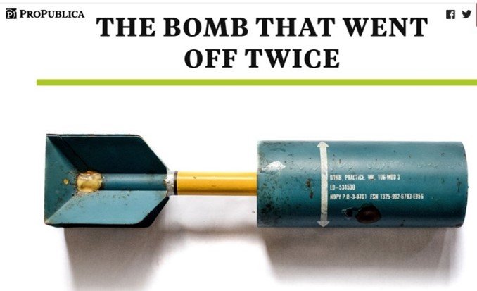 A blue and yellow bomb

Description automatically generated