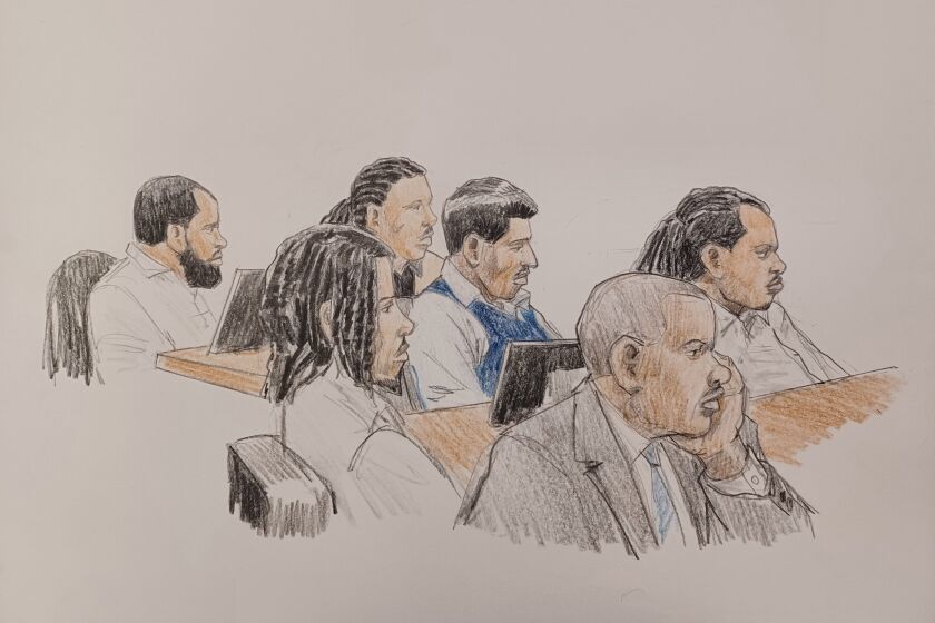 A courtroom sketch of six members and associates of the O Block faction of the Black Disciples was drawn during their trial for allegedly murdering rapper FBG Duck.