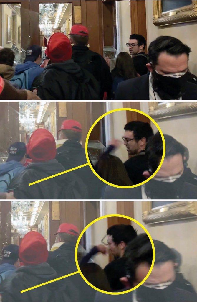 A collage of people in a hallway Description automatically generated