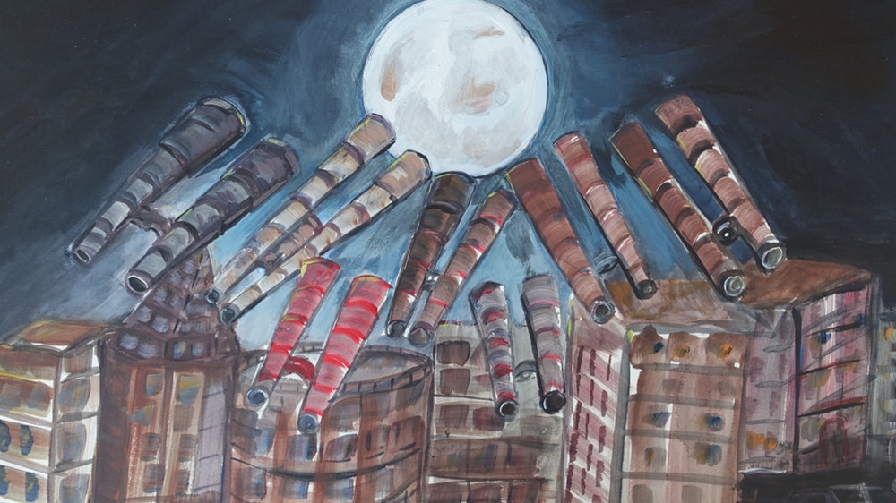 A painting of a city with a full moon

Description automatically generated