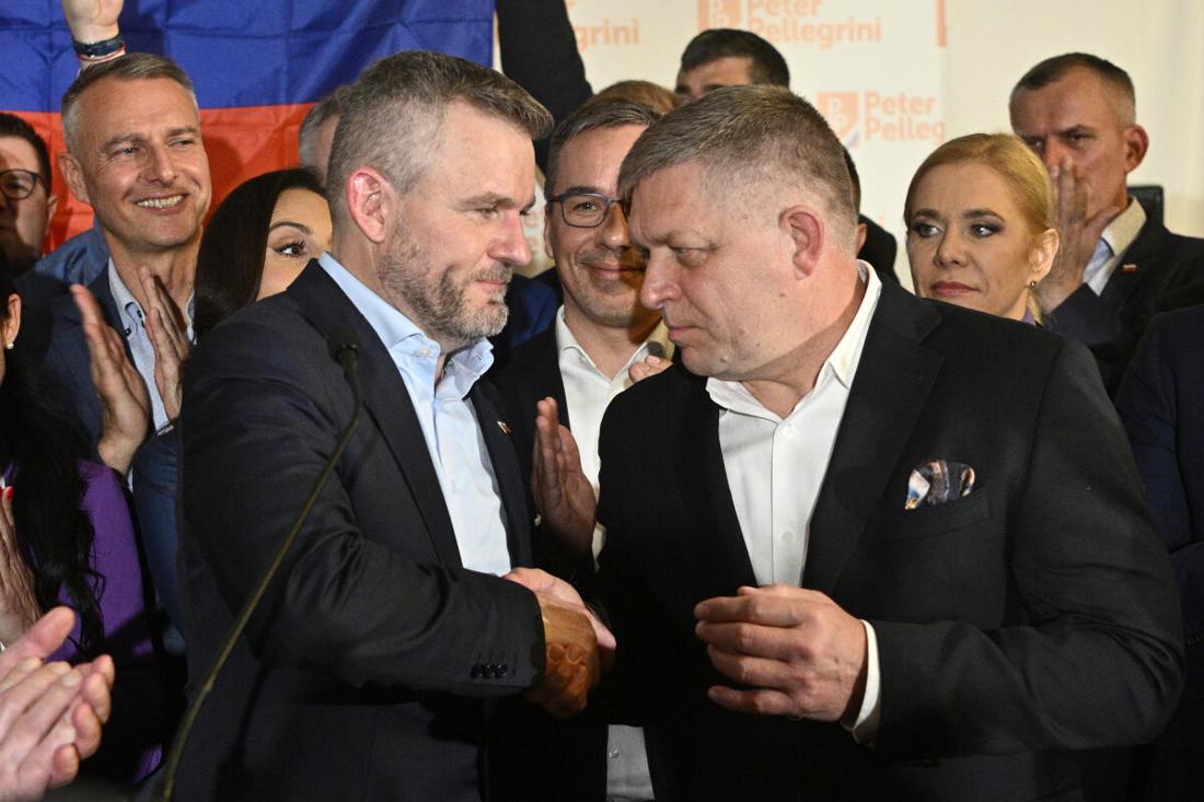 The future President of Slovakia, Peter Pellegrini (l.), with Prime Minister Robert Fico after the runoff election in Bratislava in April 2024.