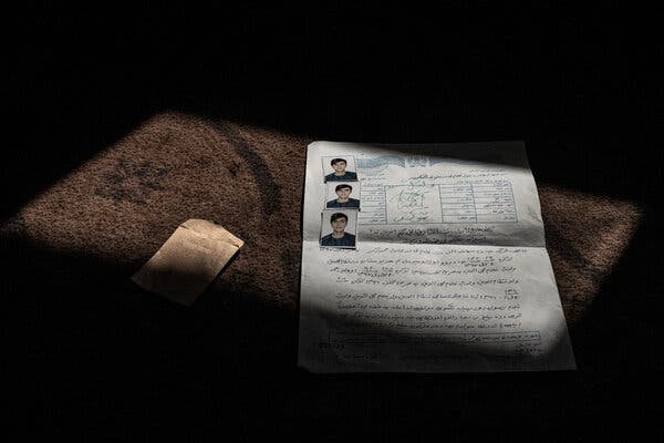 A government document and three passport photos of a young man.