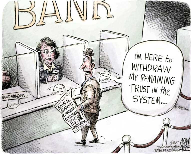 Cartoon of a person standing in front of a bank

Description automatically generated