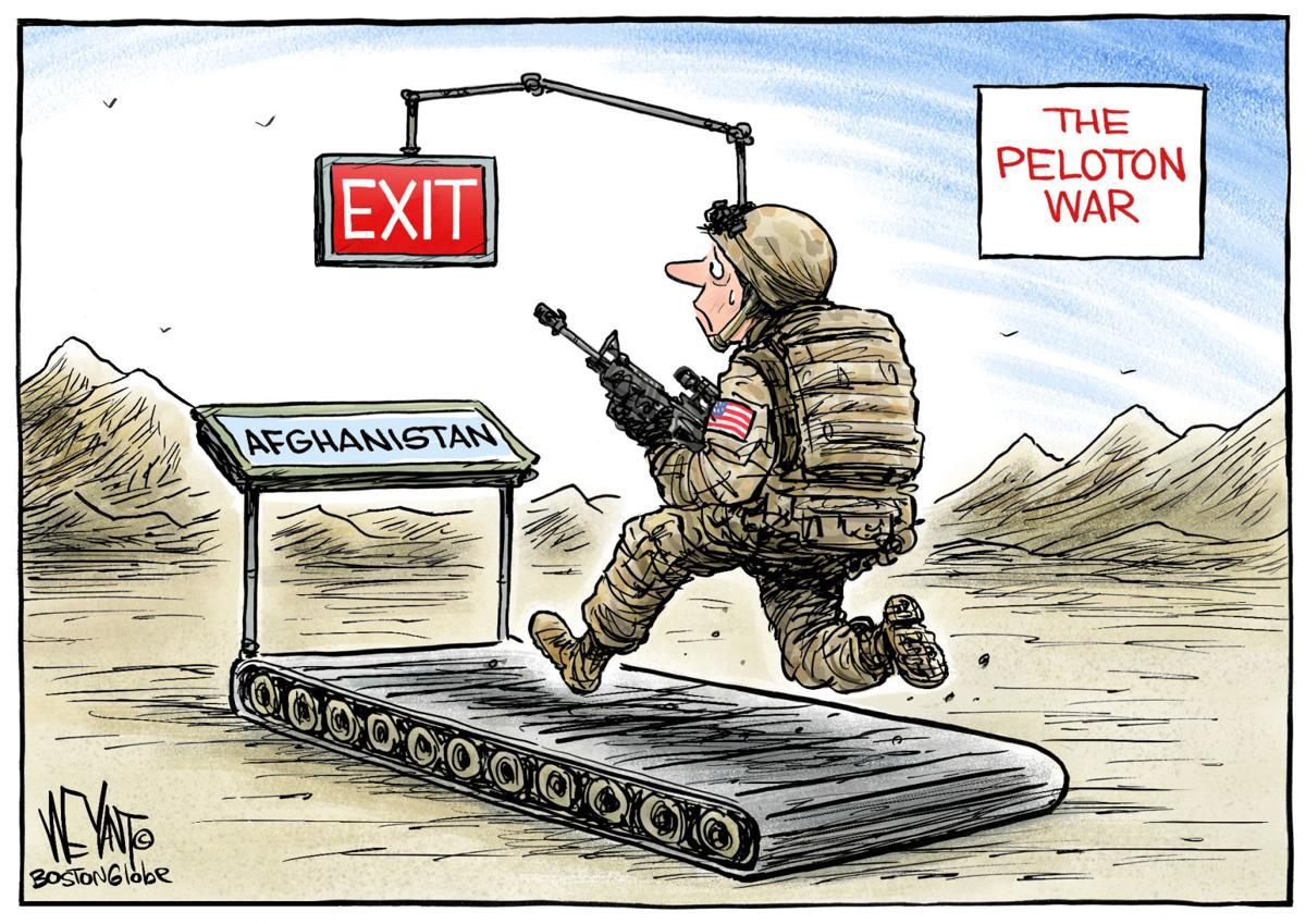 A cartoon of a soldier running on a conveyor belt

Description automatically generated