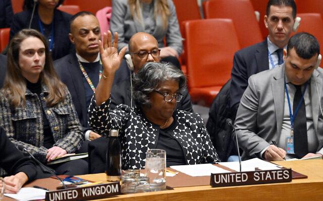 File - US Ambassador to the UN Linda Thomas-Greenfield casts a veto vote during a UN Security Council meeting on the Israel-Hamas war, at UN Headquarters in New York City on February 20, 2024. (Angela Weiss/AFP)