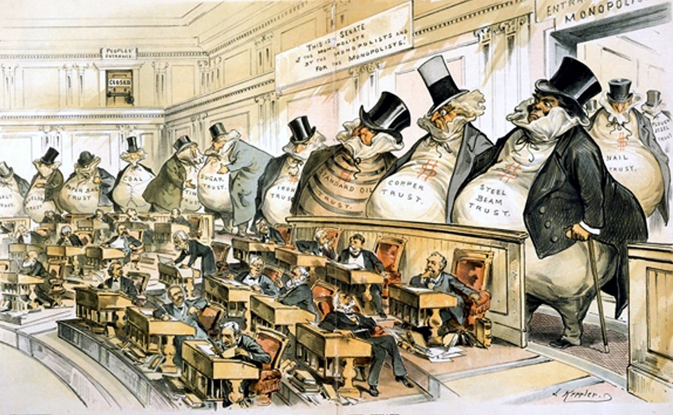 A cartoon of several men in a courtroom

Description automatically generated