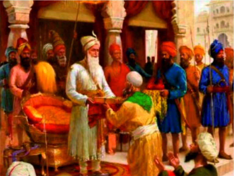 A painting of a person receiving a gift from a group of people

Description automatically generated