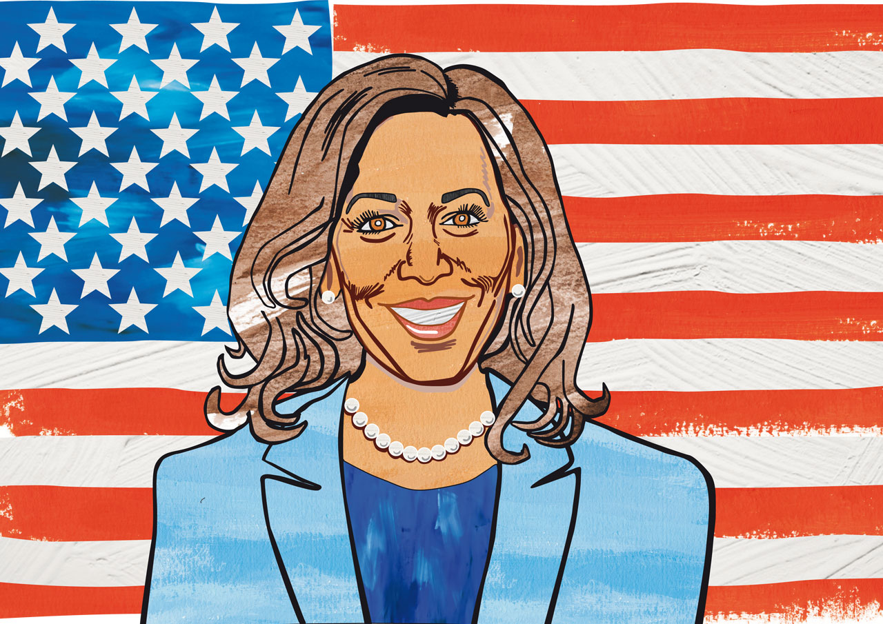 A person in a blue jacket and a blue shirt with a flag behind her

Description automatically generated