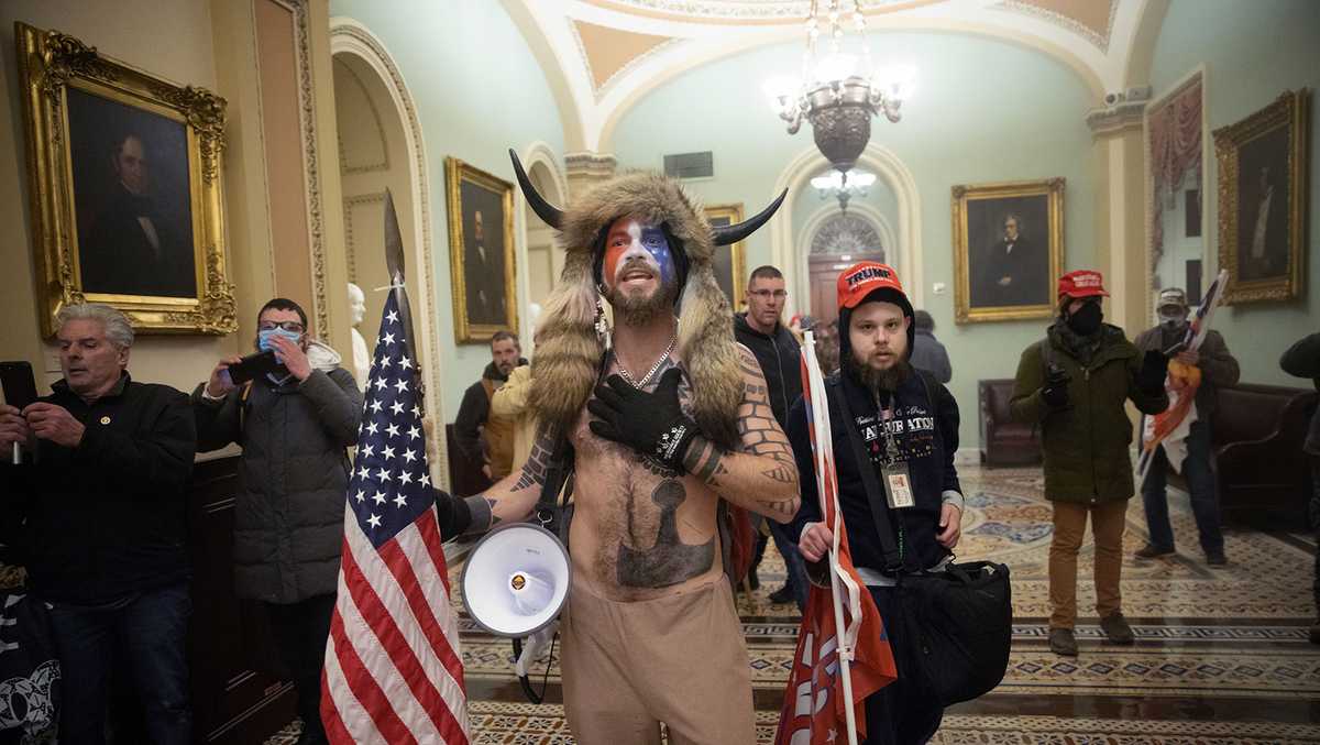 A person in a furry hat with horns and a flag

Description automatically generated