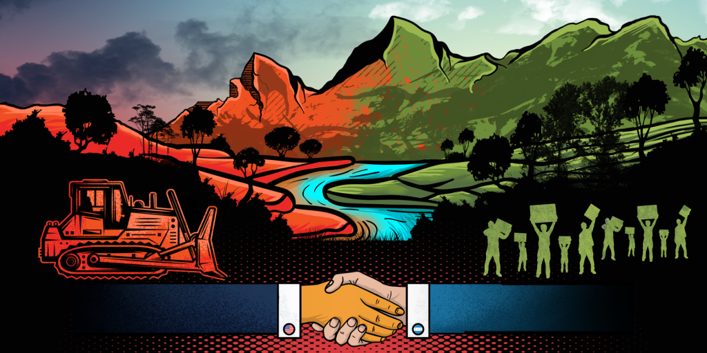 A handshake in front of a landscape

Description automatically generated