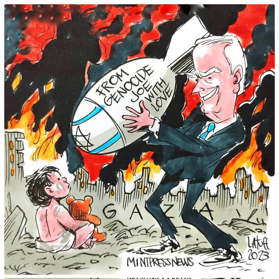 Cartoon of a person holding a bomb with a child in the background

Description automatically generated