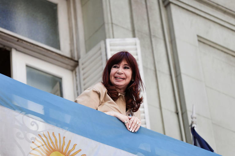 Former President Cristina Kirchner smiles from the Instituto Patria after the confirmation of her sentence by the Federal Chamber of Criminal Cassation in the Vialidad case. Esteban Osorio/ZUMA Press Wire/dpa