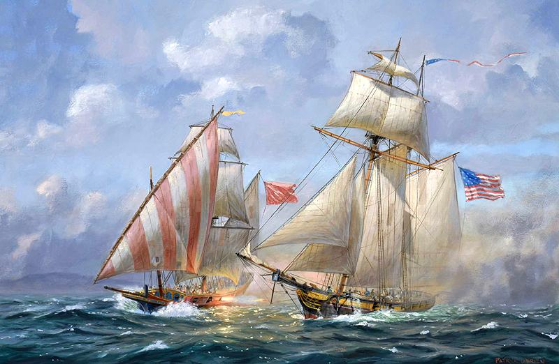 A painting of several sailboats in the ocean

Description automatically generated