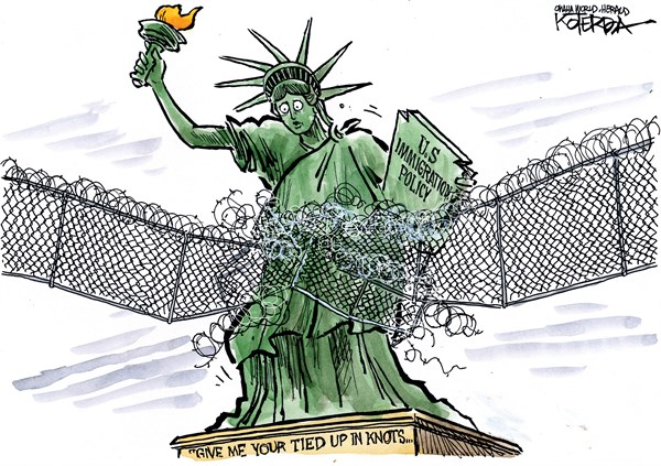 A cartoon of a statue of liberty
Description automatically generated
