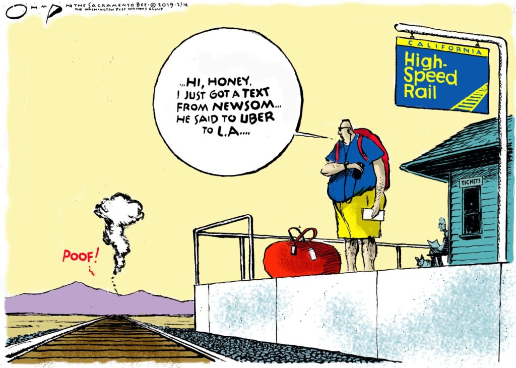 Cartoon of a person standing on a platform with a large round sign Description automatically generated
