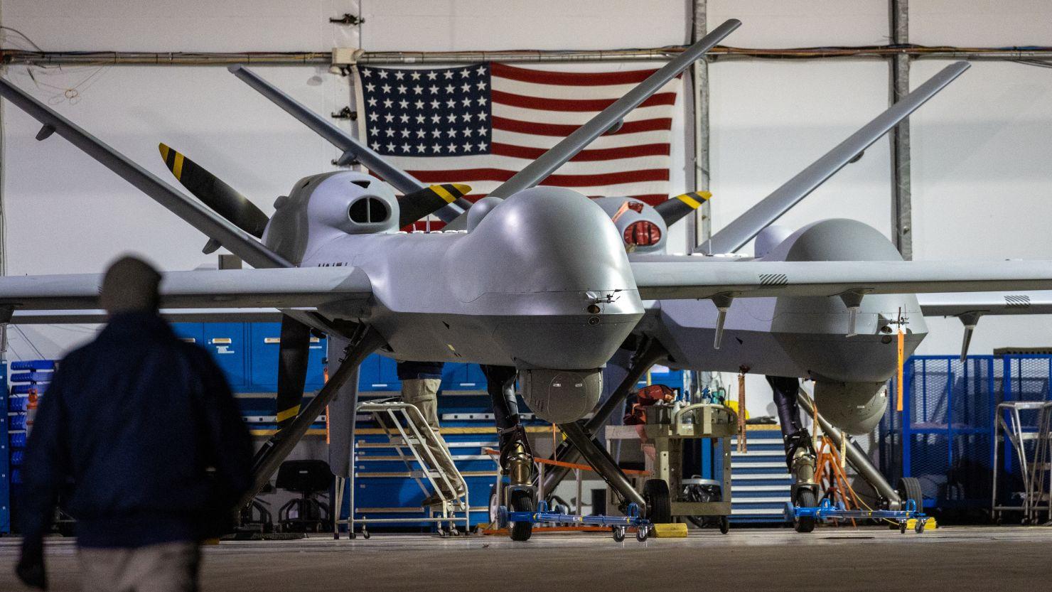 An MQ-9 Reaper drone with Customs and Border Protection (CBP) awaits the next mission over the US-Mexico border on November 4, 2022, at Fort Huachuca, Arizona.