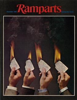A magazine cover with several hands holding paper on fire

Description automatically generated