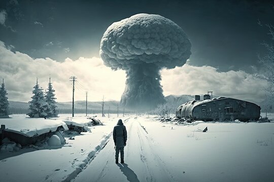 A person standing in the snow looking at a mushroom cloud

AI-generated content may be incorrect.