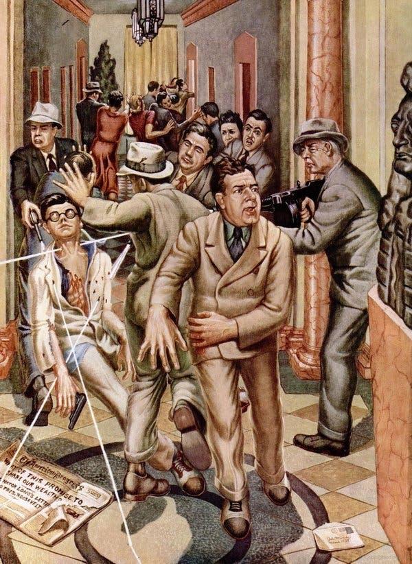 A painting of a person being attacked by a person
Description automatically generated