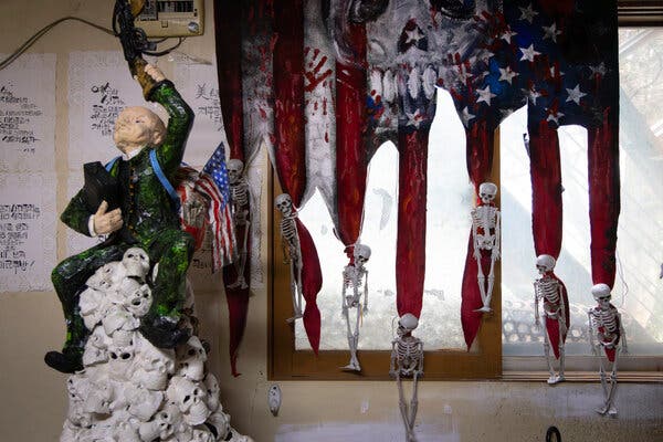 Art works featuring the American flag as well as skeletons and a soldier.