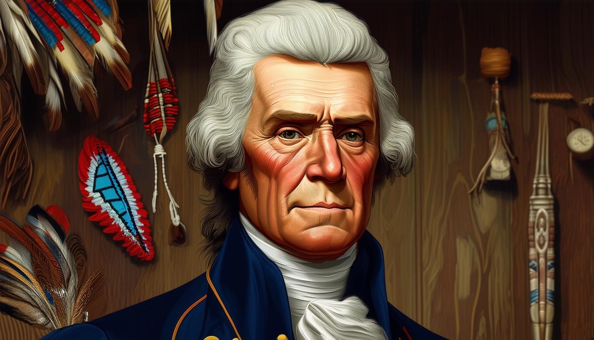 Portrait of Thomas Jefferson with a thoughtful expression, Native American artifacts in the background