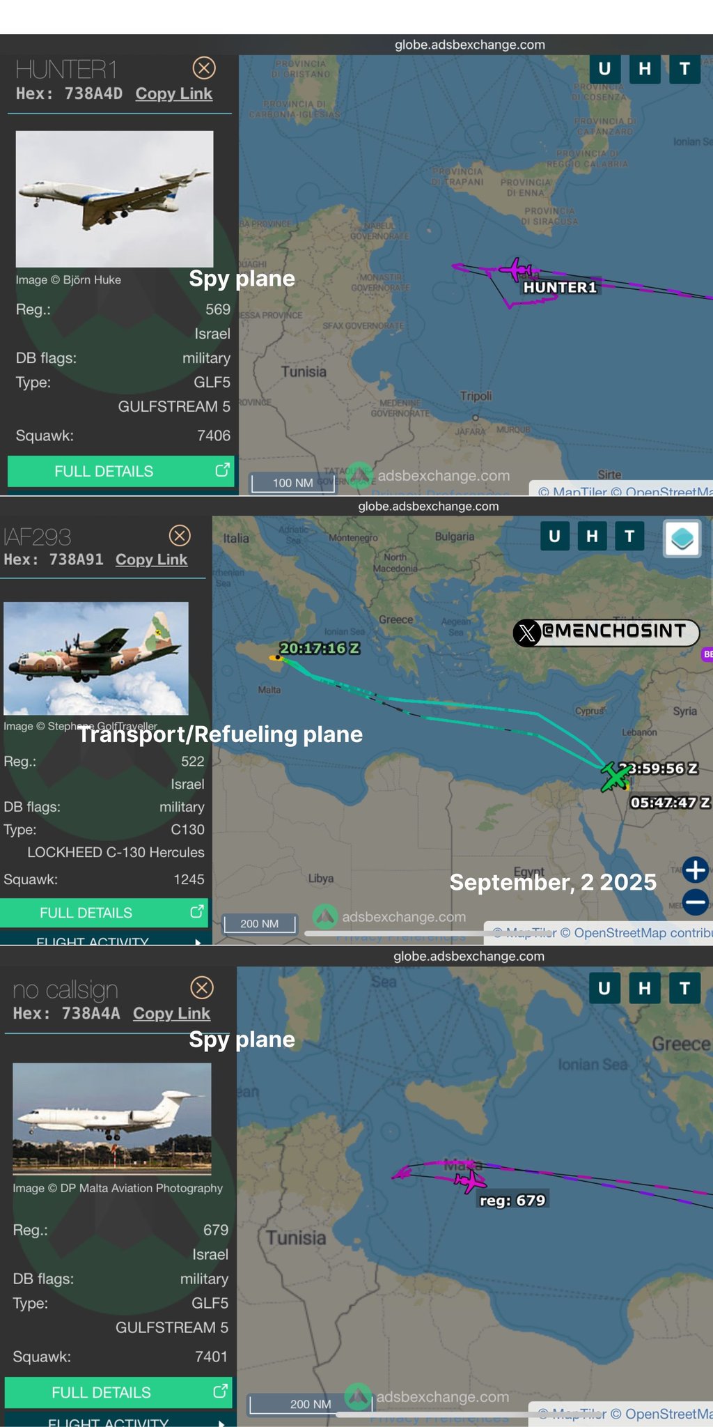 Three maps showing flight paths of military aircraft. The top map displays a spy plane labeled HUNTER with a flight path over Europe, marked by a blue line. The middle map shows a transport/refueling plane labeled HUNTER with a flight path over the Mediterranean, marked by a purple line, dated September 2, 2025. The bottom map depicts a spy plane labeled HUNTER with a flight path over the Mediterranean, marked by a blue line. Each map includes aircraft images and text overlays identifying the plane types and registration numbers.