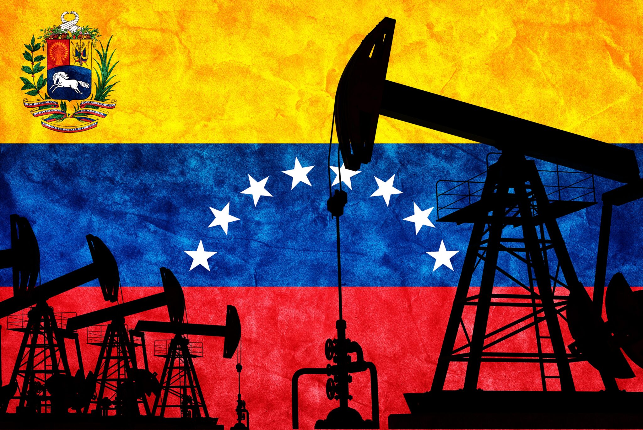 Oil rigs in front of a flag
AI-generated content may be incorrect.