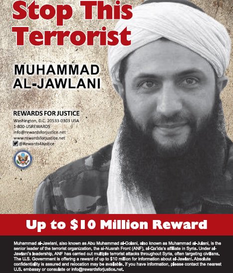 A photo of Muhammad al-Jawlani wearing a white headscarf and camouflage clothing. Text overlay includes "Stop This Terrorist Muhammad al-Jawlani" in bold red and white, a U.S. Department of State seal, and "Up to $10 Million Reward" in red.
