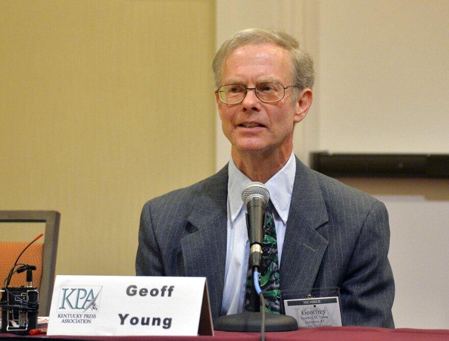 Kentucky Democratic gubernatorial candidate Geoff Young address the audience at the Kentucky Gubernatorial Forum, Friday, Jan. 23, 2015, in Louisville, Ky. (AP Photo/Timothy D. Easley)