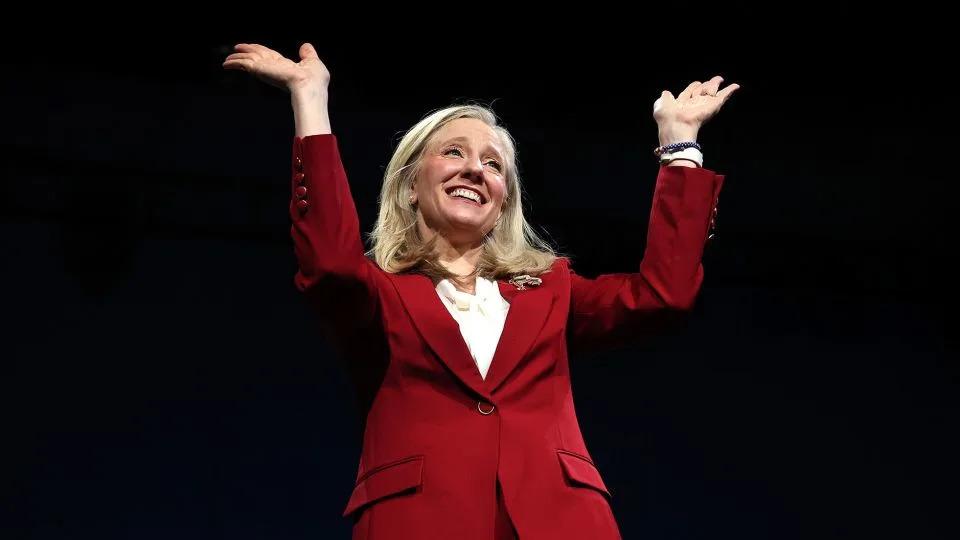 Virginia Democratic gubernatorial candidate, former Rep. Abigail Spanberger celebrates as she takes the stage during her election night rally on Tuesday in Richmond, Virginia. - Win McNamee/Getty Images