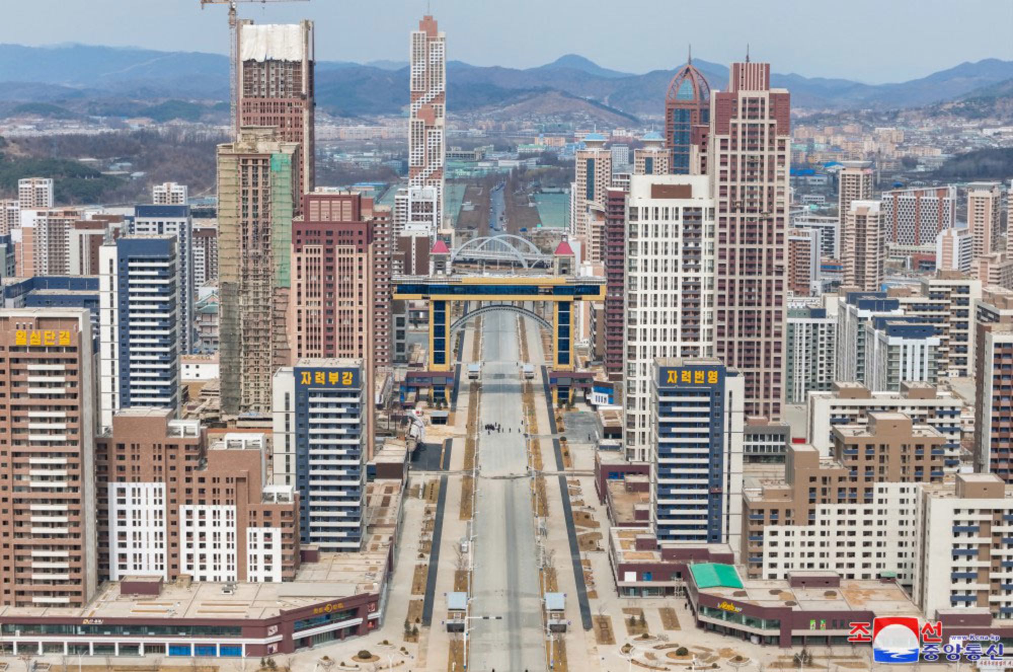 A picture released by North Korea's state news agency, KCNA, shows Hwasong, a new high-rise neighborhood being constructed in Pyongyang.