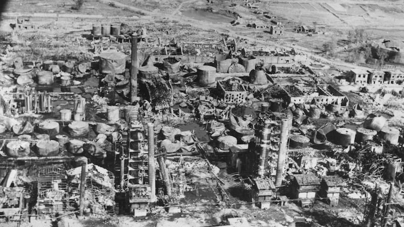 An oil refinery in North Korea after being destroyed by B-29 bombers. Photograph:  Hulton-Deutsch Collection/CORBIS/Corbis via Getty Images