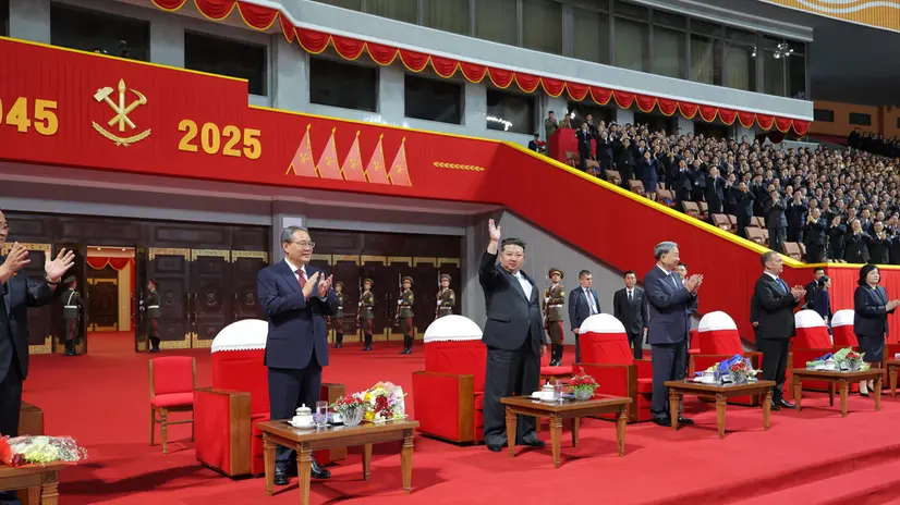 epa12443752 A photo released by the official Korean Central News Agency (KCNA) shows North Korean leader Kim Jong Un (C), Chinese Premier Li Qiang (CL), Vietnamese Communist Party General Secretary To Lam (CR) and Russian Security Council Deputy Chairman Dmitry Medvedev (2-R) attending an event marking the 80th anniversary of the Workers' Party of Korea at the May Day Stadium in Pyongyang, North Korea, 09 October 2025 (issued 10 October 2025). North Korea marks its 80th founding anniversary as delegations from China, Russia and Vietnam arrived in Pyongyang to attend celebrations. EPA/KCNA EDITORIAL USE ONLY