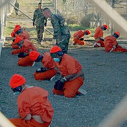 Several men in orange jumpsuits kneeling in a row

AI-generated content may be incorrect.