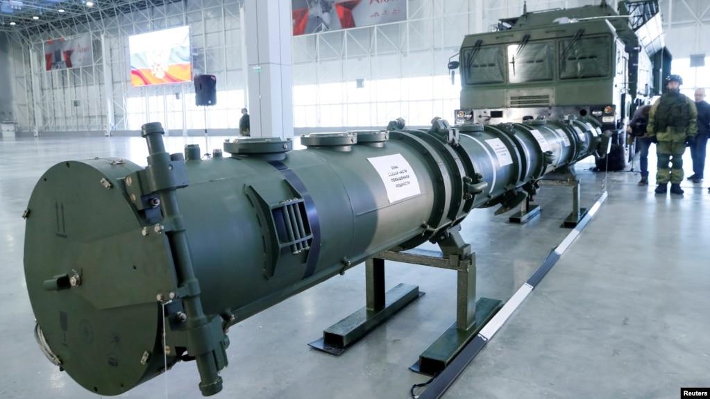 Components of SSC-8/9M729 cruise missile system are on display during a news briefing, organized by Russian defence and foreign ministries, at Patriot Expocentre near Moscow, Jan. 23, 2019. 