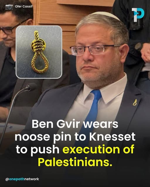 May be an image of ‎text that says '‎الة OferCassif Ofer Cassif P Ben Gvir wears noose pin to Knesset to push execution of Palestinians. @onepathnetwork‎'‎