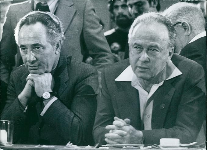 Vintage photo of Israeli Prime Minister Yitzhak Rabin and the Defence Minister Shimon Peres, pictured together in the Knesset in 1977.