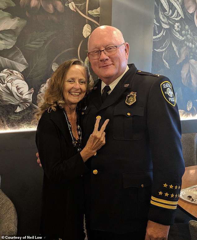 Low with his wife Leslie Brinkman at his 2018 retirement party. He spent 50 years with the Seattle Police Department (SPD) and was asked by his chief to audit the Cobain case in 2005