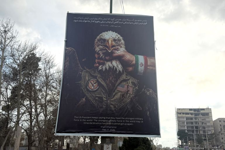 This picture taken on March 31, 2026 shows an Anti-US banner displayed in Tehran.