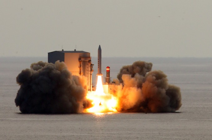 A Hanwha Systems small SAR satellite being launched from the sea south of Jeju Island on December 4, 2023. Courtesy of Hanwha Systems
