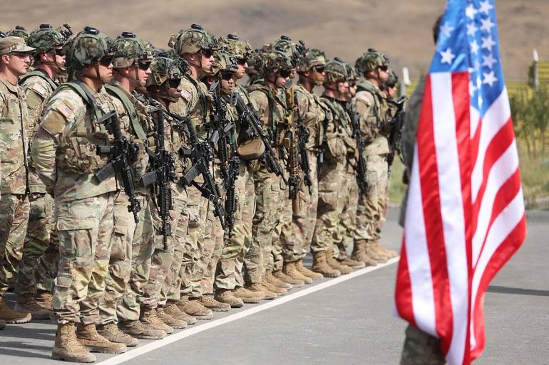 In this handout photograph taken and released by Armenian Defence Ministry on September 11, 2023, US servicemen attend the opening ceremony of the Eagle Partner 2023 Armenia-US joint drills at Zar Training Center outside Ashtarak.
